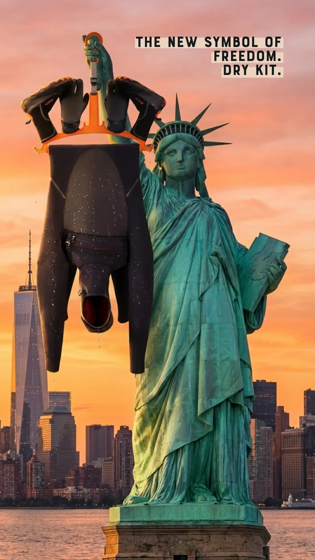 Statue of Liberty holding up an orange wetsuit drying hanger against a sunset skyline, with the headline “The new symbol of freedom. Dry Kit.”