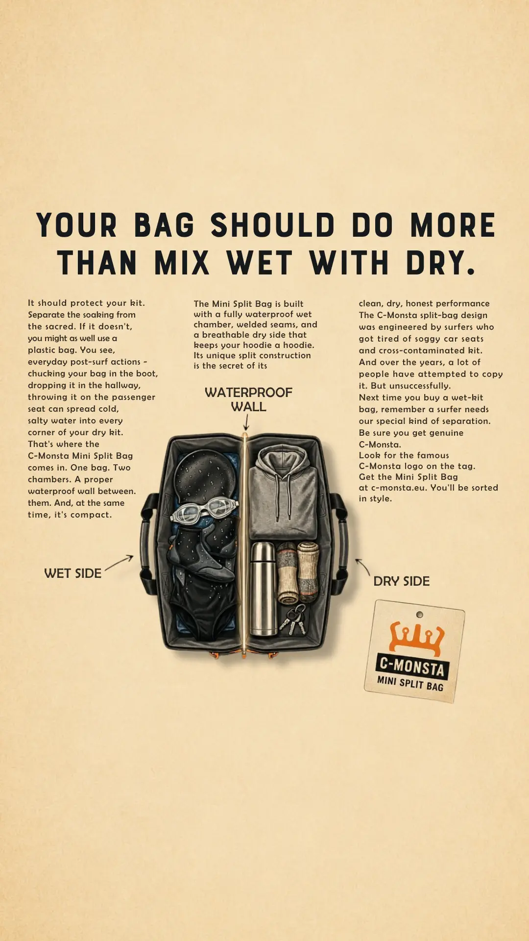 Vintage catalogue-style drawing of the C-Monsta Mini Split Bag's compartments with technical callouts, with the headline “Your bag should do more than mix wet with dry.”