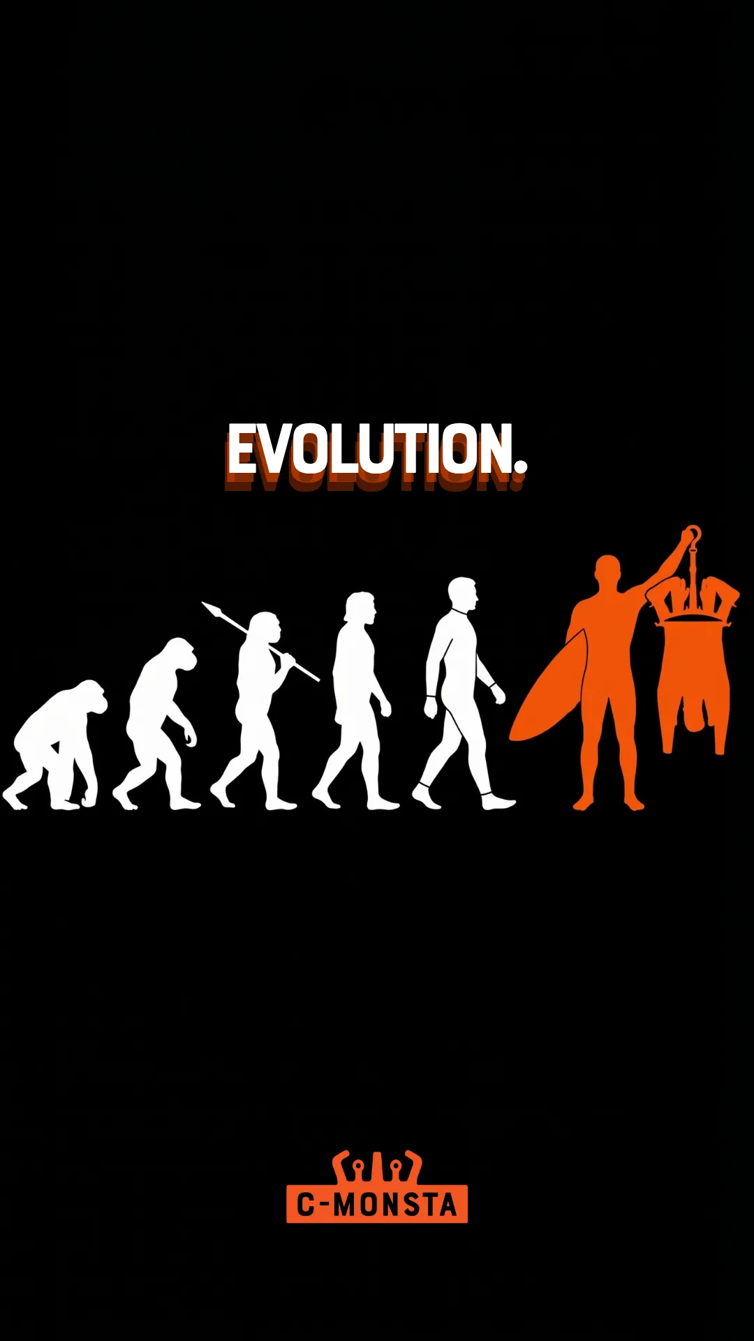A surfer silhouette and the C-Monsta wetsuit drying hanger on a black background, with the headline “Evolution.”