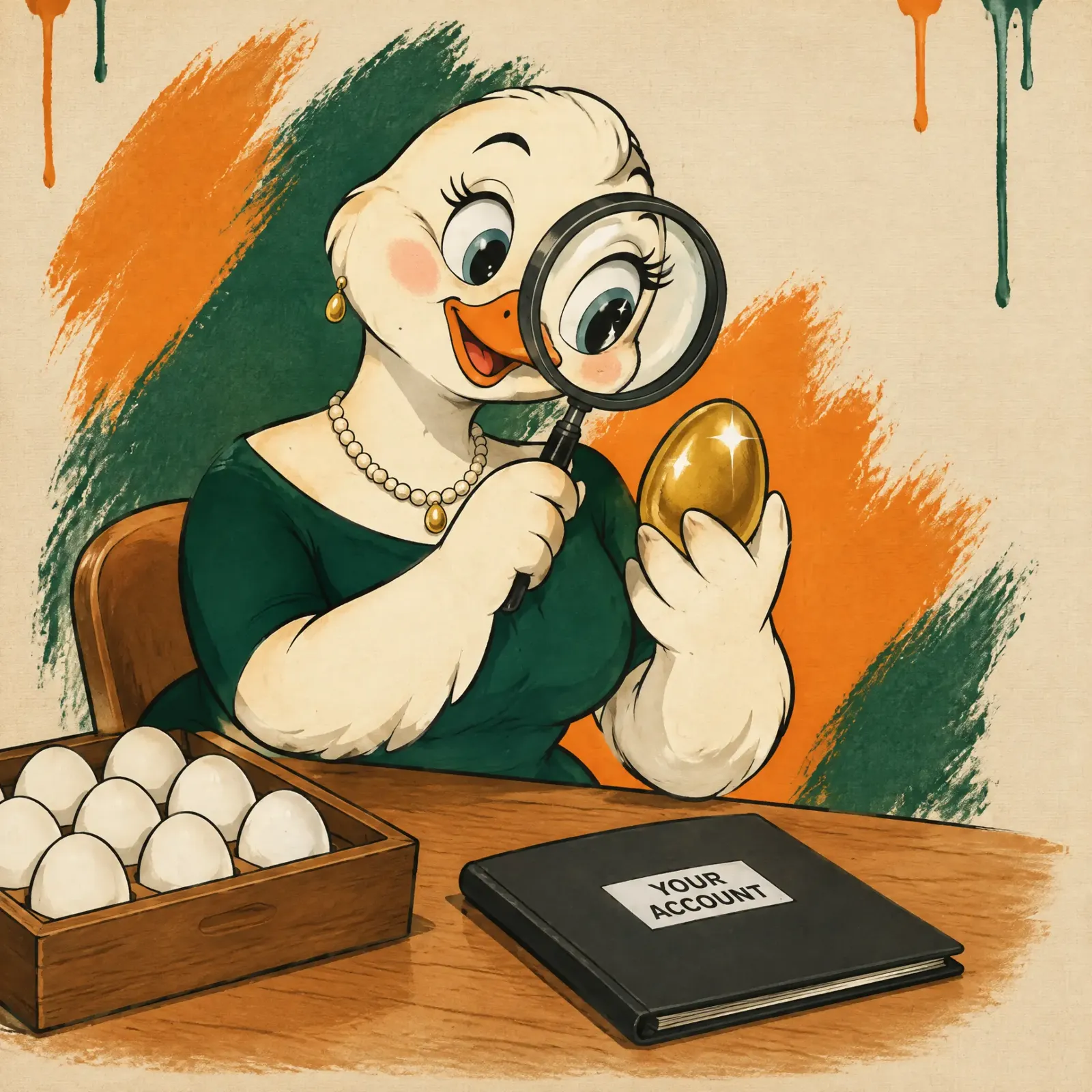 Cartoon goose examining a golden egg through a magnifying glass beside a folder labelled 'Your account'.