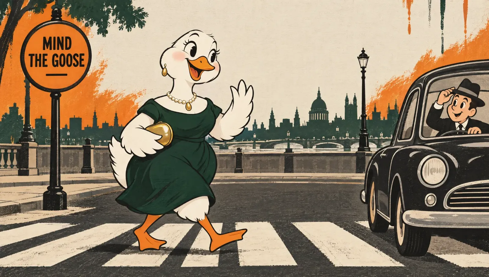 Cartoon goose waving as she crosses a zebra crossing beside a 'Mind the goose' road sign while a driver tips his hat.