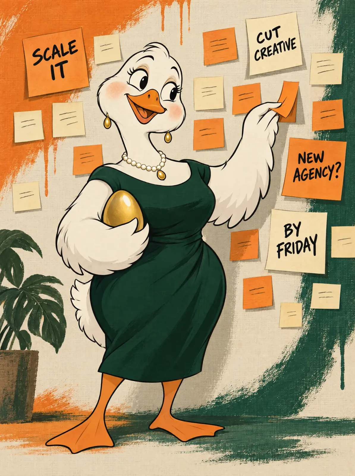Cartoon goose chuckling as she peels a sticky note off a wall of notes reading 'Scale it', 'Cut creative', 'New agency?' and 'By Friday'.